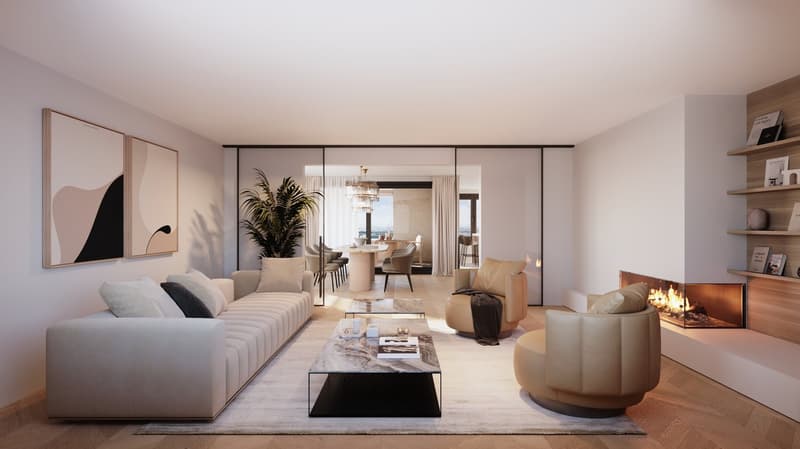 modern living room with white couch, beige armchairs, fireplace, glass coffee table, white rug, large windows