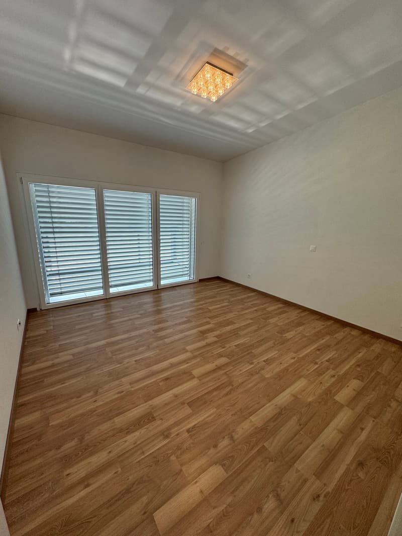 This image shows a spacious room with hardwood flooring and large windows. The room has a clean, modern design with white walls and a decorative ceiling light fixture.