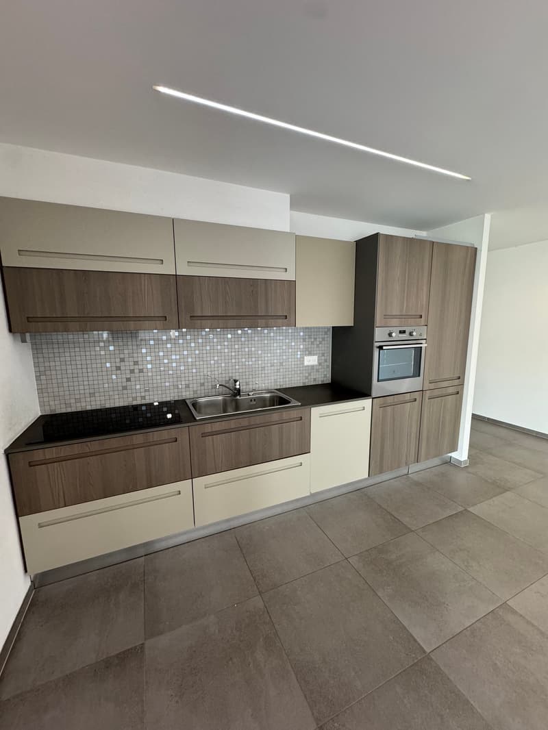 Modern kitchen with gray and wood-tone cabinets, a tile backsplash, and a built-in oven and cooktop. The kitchen has a sleek, minimalist design with clean lines and a neutral color scheme.