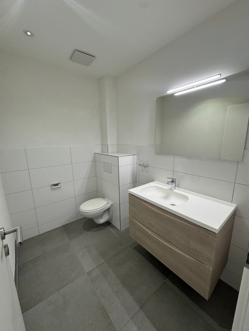 Modern bathroom with white walls, gray tile flooring, a vanity with a sink, a toilet, and a washing machine.