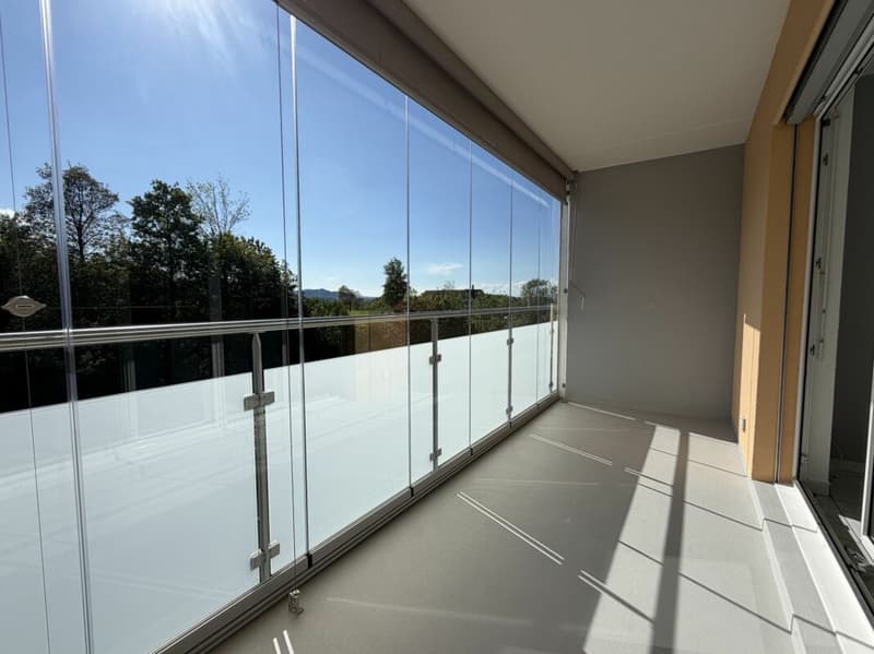 Modern living with glazed balcony and view of the green (1)