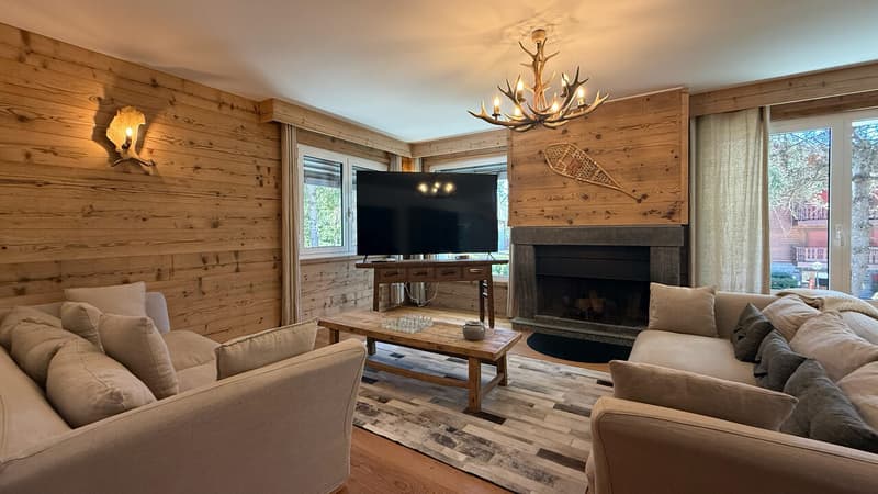 Coin salon avec cheminée et TV / Lounge area with fireplace and TV / Area salotto con camino e TV