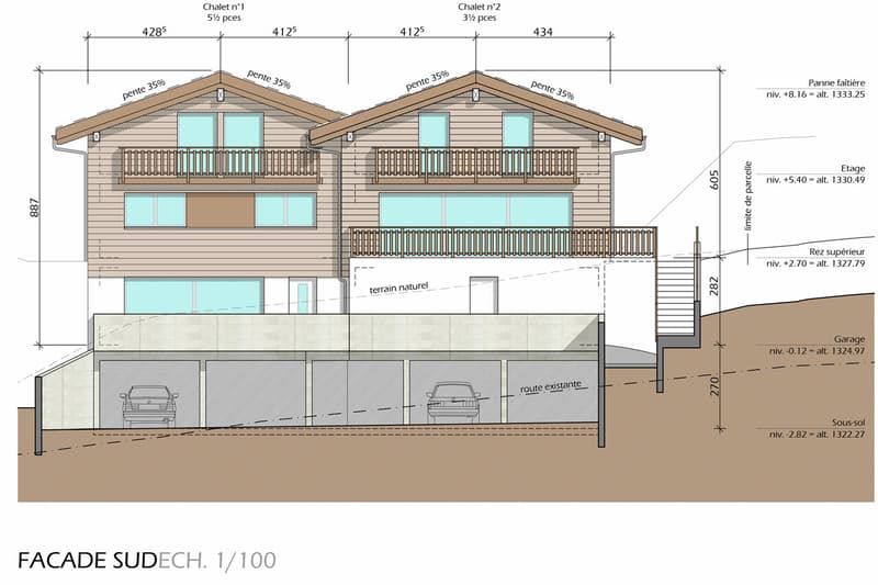 Plan de la façade sud / Plan of the south façade / Pianta della facciata sud