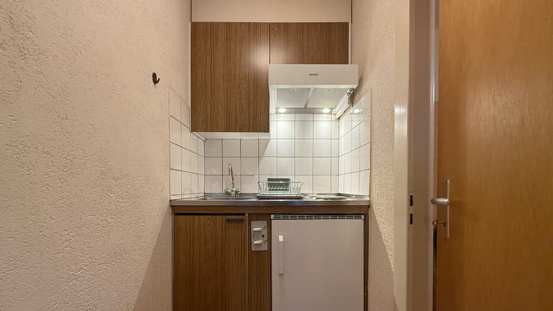 Kitchenette avec plaques de cuisson, lavabo et frigo / Kitchenette with hob, sink and fridge / Angolo cottura con piano cottura, lavello e frigorifero