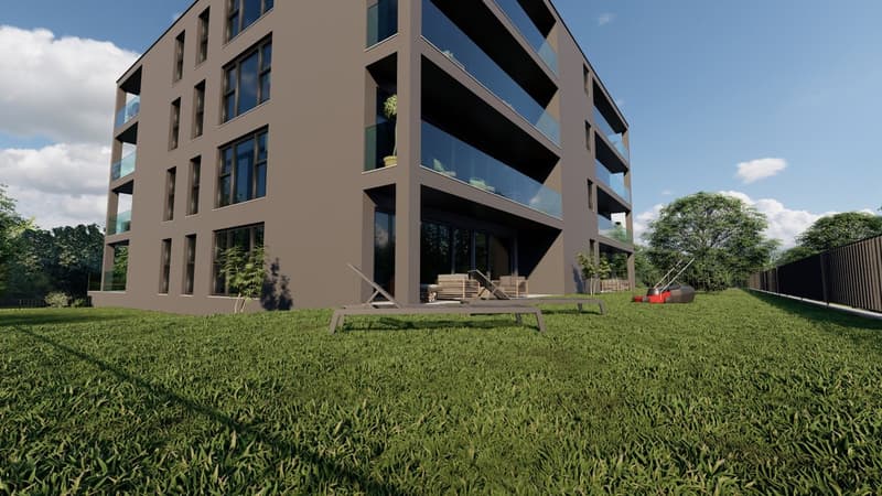 4-storey building, grey exterior, large windows, outdoor lounge chairs, balcony on each floor