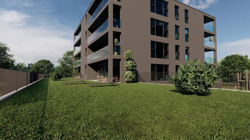Modern building with brown exterior and glass balconies, located in a residential area with green landscaping