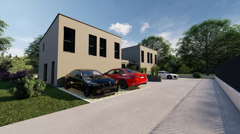 A modern two-story house with white walls and two garages, three cars parked in the driveway.