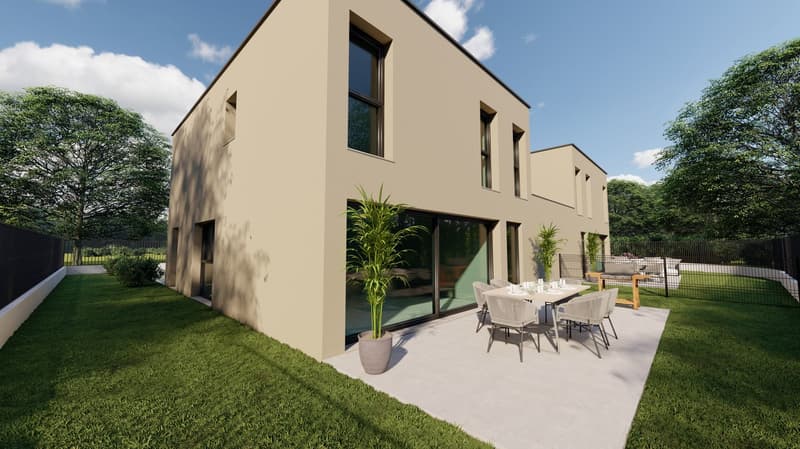 Modern 2 story house, beige exterior, large windows, glass doors, balcony, patio, outdoor dining area