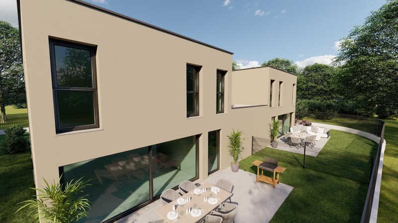 2 story house, beige walls, glass windows, patio with dining area and grill, garden with greenery and black fence