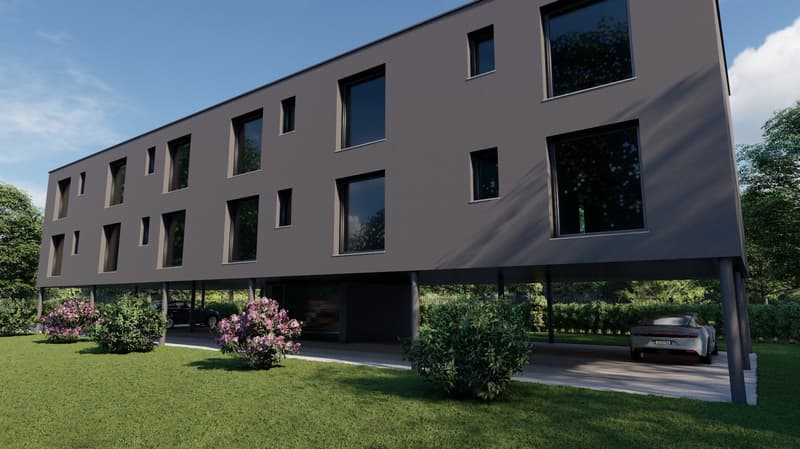 modern house with gray facade, large windows, raised ground floor, underground garage