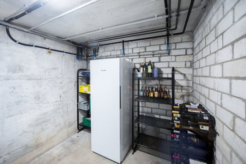A basement room with a white refrigerator, shelves with bottles, and brick walls.