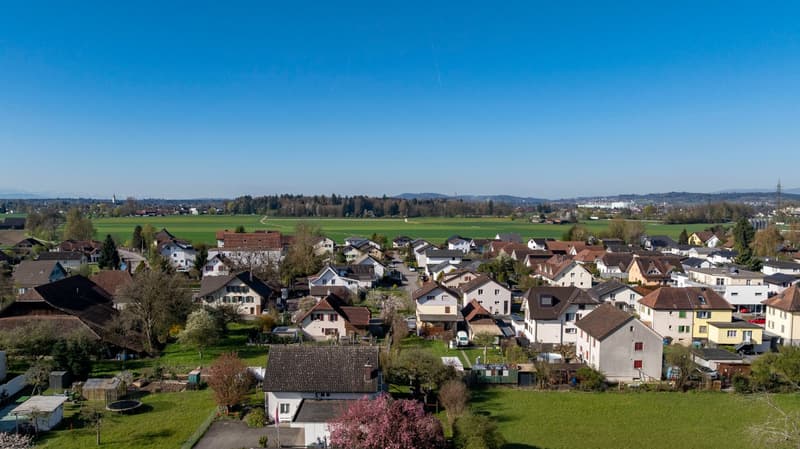 Aerial view of a neighborhood with many houses, green fields, and trees.