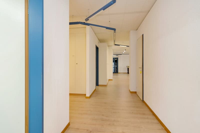 The image shows a long, well-lit hallway with white walls, a wooden floor, and a blue accent wall. The hallway has several doors leading to different rooms or offices, and there are track lighting fixtures installed on the ceiling.