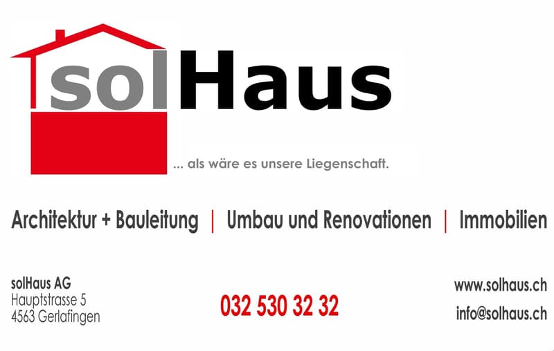The image shows the logo of a real estate company called 'Solhaus'. The logo features a red roof icon and the company name 'Solhaus' in large text. The company's services are listed as 'Architektur + Bauleitung', 'Umbau und Renovationen', and 'Immobilien'