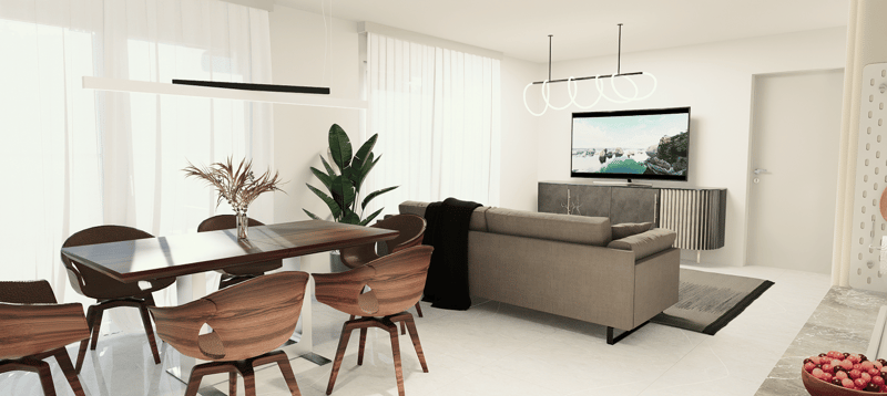 Open-concept living and dining area with large windows, modern furniture including a wooden dining table and chairs, a gray sofa, and a TV stand. The room features a fireplace and potted plants, creating a cozy and stylish atmosphere.