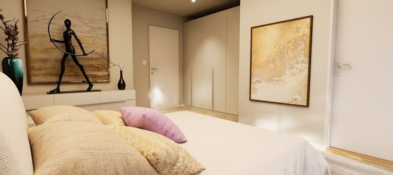 large bed, large headboard, 4 pillows, white and gold comforter, artwork, vases, tall white cabinets