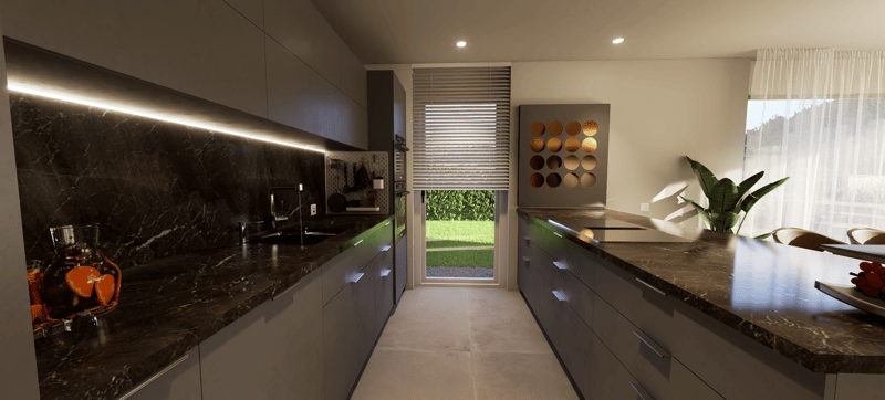 modern kitchen, marble countertop, stainless steel appliances, glass door leading to the backyard