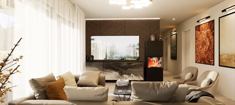 Cozy interior with fireplace, large couch, armchairs, center table, and a large monitor