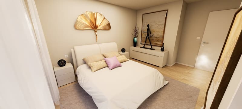 Bedroom features a bed with several pillows, wall art, a white cabinet, two nightstands with lamps, and a rug.