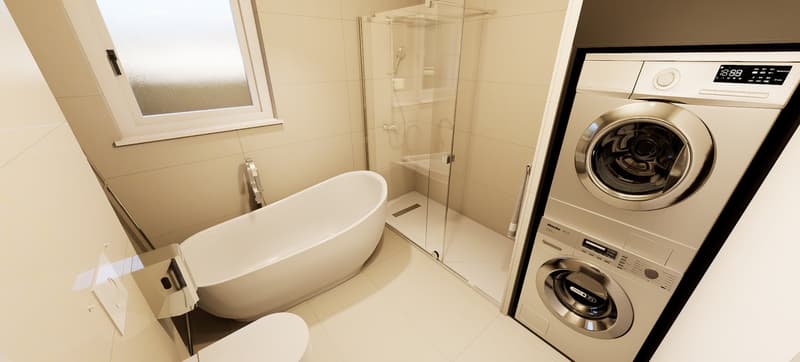 white bathtub, toilet, washing machine