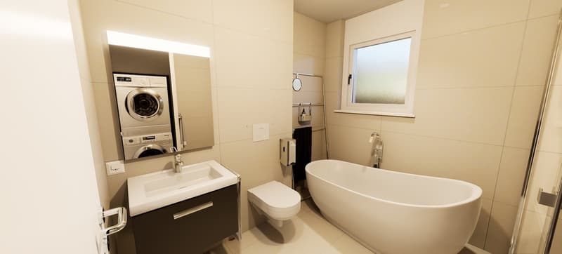 Bathtub, toilet, sink, washing machine, shower, window, towel rack