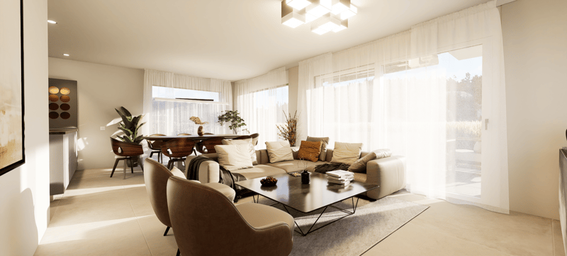 Large window, living room couch, table, table seating, white ceiling light, tiled floor