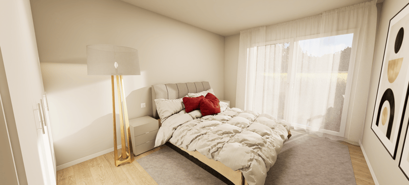 The room has a bed, nightstand, floor lamp, rug, and large windows with curtains.