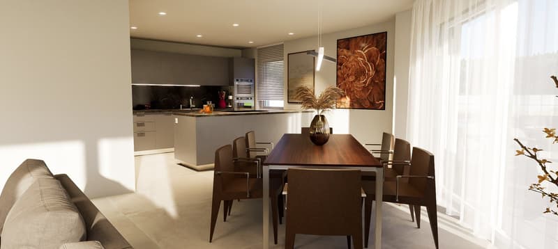 dining area with wooden table and chairs, modern kitchen with appliances, open to living room with sofa and white curtains