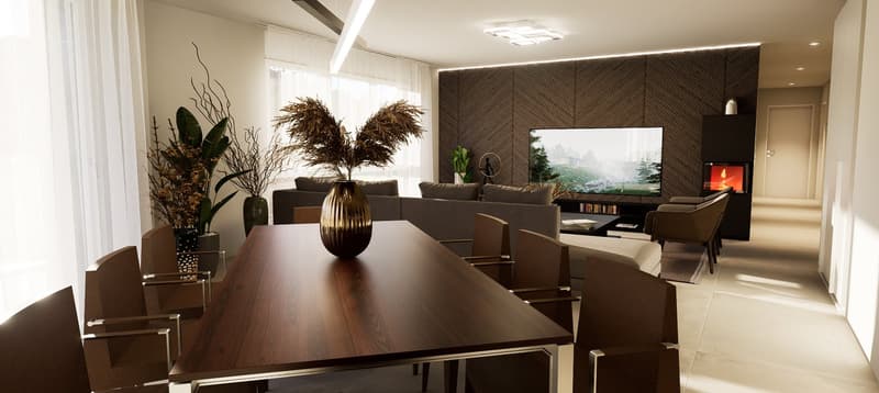 Large open space, Fireplace, large TV, modern sofas, dining table, decorative plants, warm lighting
