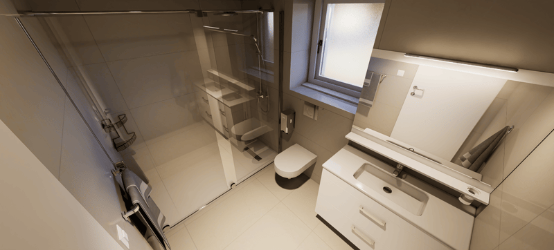modern bathroom with white tiles, glass shower, white sink, white cabinets, window, toilet