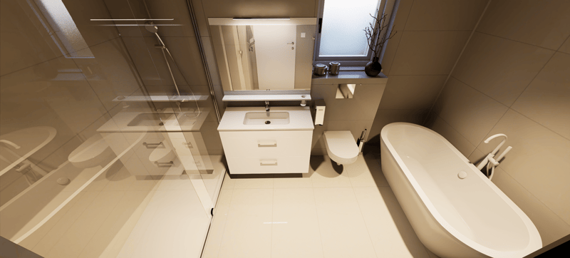 white tiled bathroom, bathtub, toilet, sink, mirror, and shower