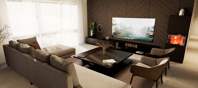 ample space, L-shaped sofa, coffee table, two armchairs, TV, fireplace, plant, book shelf