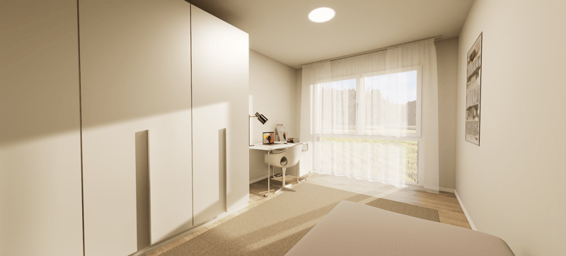 modern bedroom with a desk, rug, double bed, and large windows