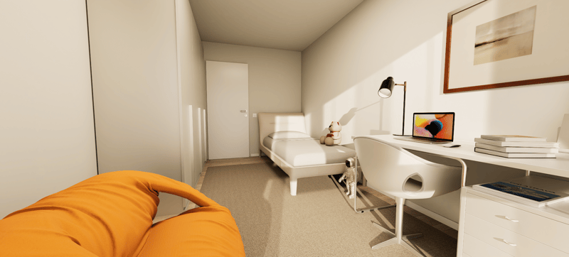 Bedroom, desk, bed, armchair, desk lamp, open wardrobe, rug