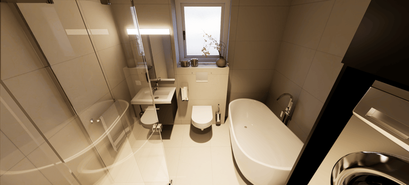 modern bathroom with bathtub, glass shower, toilet, sink, washing machine