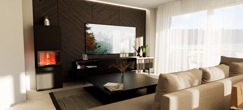 Living room with couch, fireplace, TV on wall, table, rug, bookshelves
