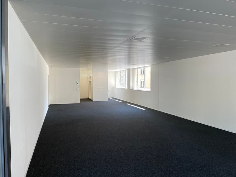 empty room, white walls, black carpet, white ceiling, windows