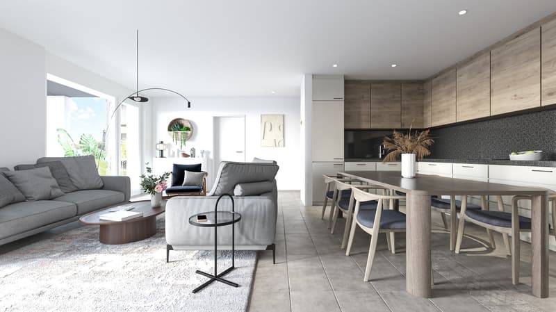 modern room, gray sofas, round coffee table, wooden dining table, chairs, open kitchen, modern lamps, carpet, open sliding window