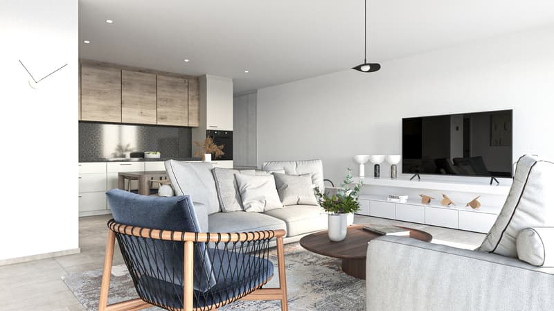 large sofa, blue chair, coffee table, carpet, television, entertainment unit, open kitchen