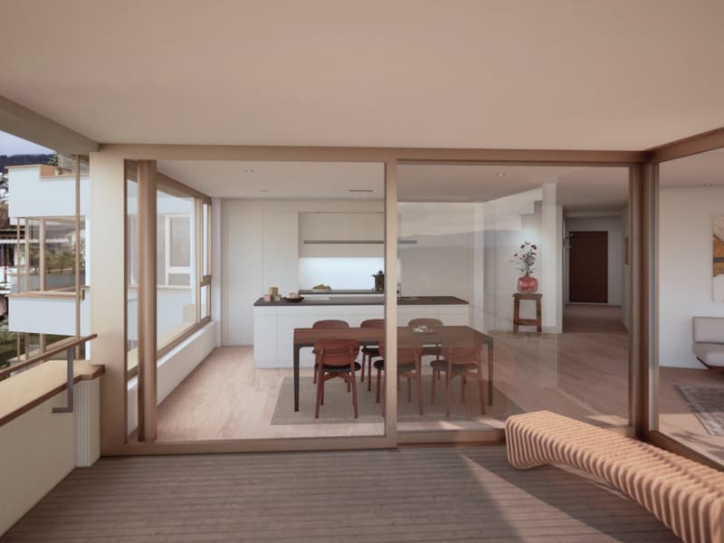 Open-concept living space with a kitchen, dining area, and living room. Large windows and sliding glass doors leading to a balcony or terrace. Hardwood floors throughout. Minimalist and modern decor with neutral colors.