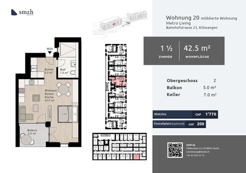 1.5-Zi.-Wohnung möbliert mit Balkon - urban wohnen in Killwangen (2)