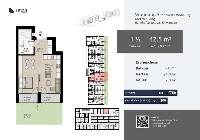 Appartement de jardin 1.5 pièces, Minergie, directement à la gare de Killwangen (2)