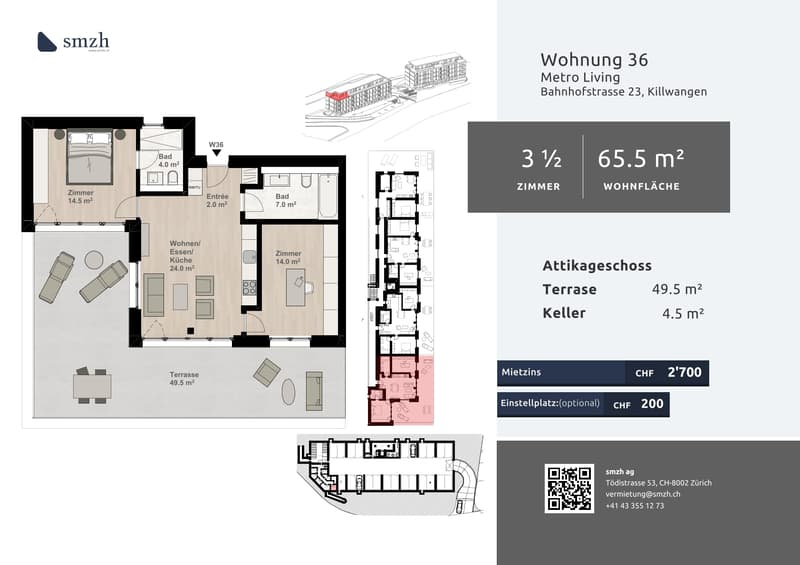 3½-Zimmer Attika mit 49.5 m² Terrasse in Killwangen mieten (1)