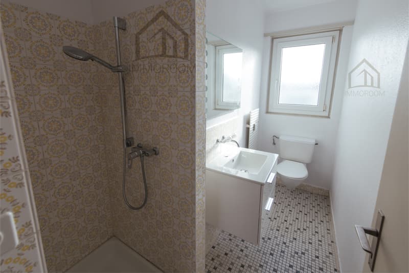 bathroom with walk-in shower, sink, toilet, decorative tile, window
