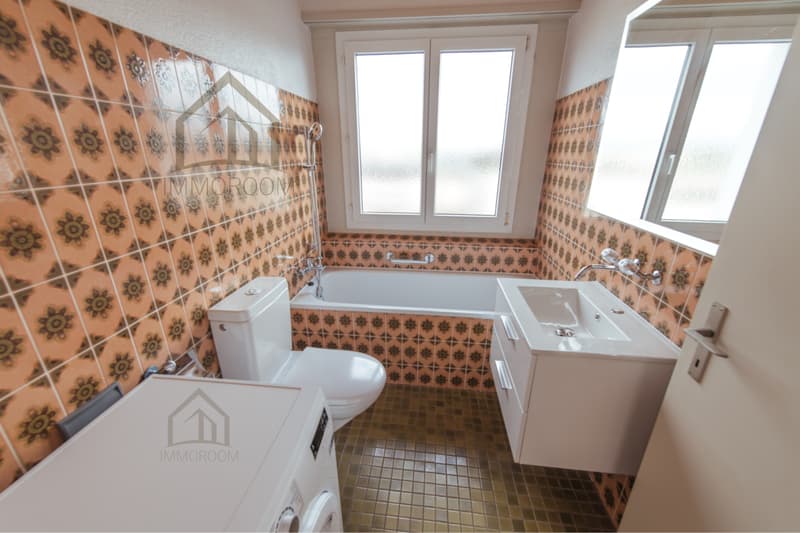Bathroom with a tub, sink, toilet, washing machine, and patterned tiles.