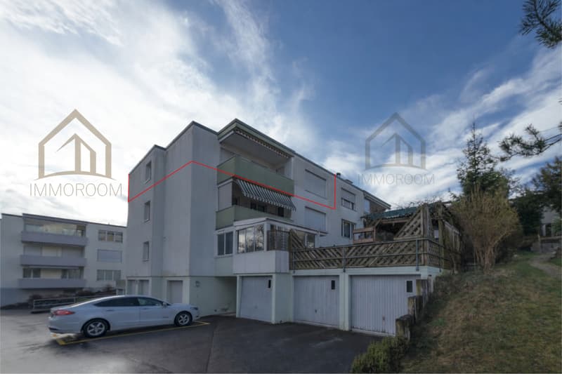 Modern building, white color, 3 floors, garage, parking place, car parked