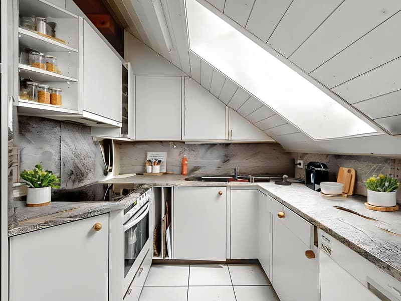 modern kitchen, white cabinets, marble countertops, stainless steel appliances, skylight
