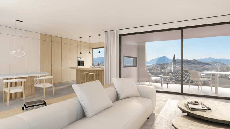 modern design living room, open to kitchen, large windows, balcony, hardwood floor, large couch, coffee table, city view