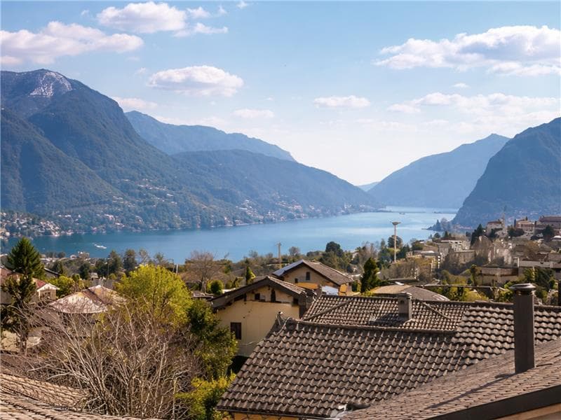 Houses with tiled roofs, mountains, lake, town in the distance