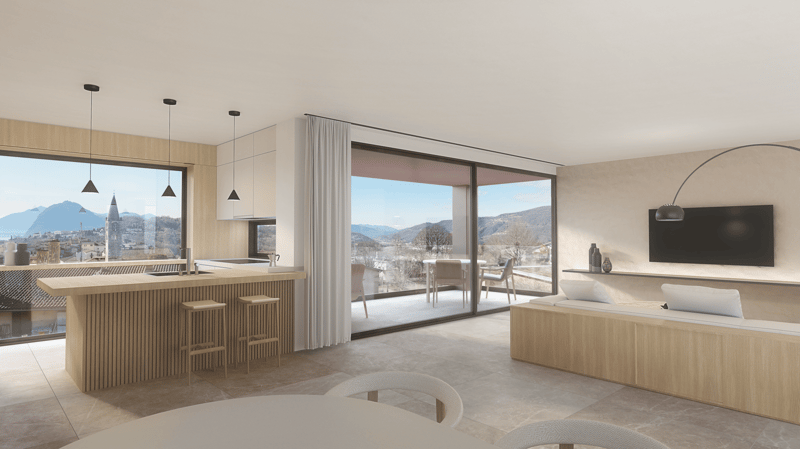 modern, open floor plan with kitchen, dining, living room and balcony with outdoor dining
